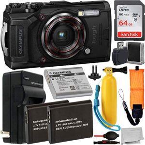 olympus tough tg-6 digital camera (black) with essential accessory bundle – includes: sandisk ultra 64gb sdxc memory card + 2x extended life seller’s replacement batteries with charger + more