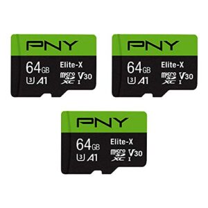 pny 64gb elite-x class 10 u3 v30 microsdxc flash memory card, 3 count (pack of 1) – 100mb/s, class 10, u3, v30, a1, 4k uhd, full hd, uhs-i, micro sd