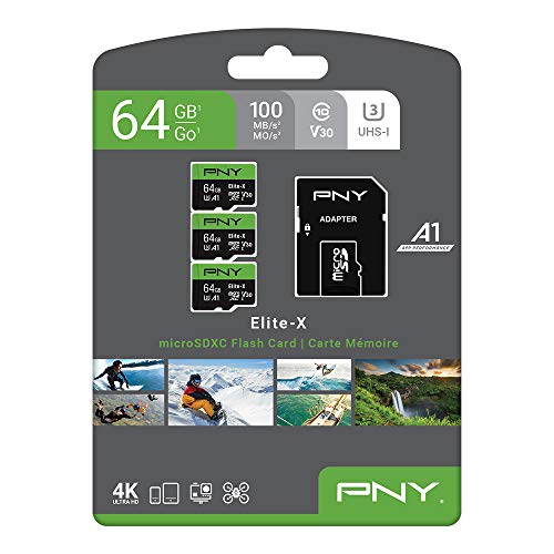 PNY 64GB Elite-X Class 10 U3 V30 microSDXC Flash Memory Card, 3 Count (Pack of 1) - 100MB/s, Class 10, U3, V30, A1, 4K UHD, Full HD, UHS-I, micro SD