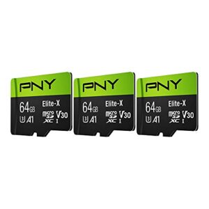 PNY 64GB Elite-X Class 10 U3 V30 microSDXC Flash Memory Card, 3 Count (Pack of 1) - 100MB/s, Class 10, U3, V30, A1, 4K UHD, Full HD, UHS-I, micro SD