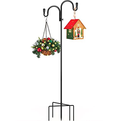 PEEKI Double Shepherds Hook, Adjustable Bird Feeder Pole for Outside with 5-Prong Base, Heavy Duty Garden Shepards Hooks for Outdoor Plant Hanger, Hummingbird Feeder Stand (47” Overall Height, 1-Pack)