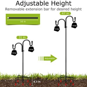 PEEKI Double Shepherds Hook, Adjustable Bird Feeder Pole for Outside with 5-Prong Base, Heavy Duty Garden Shepards Hooks for Outdoor Plant Hanger, Hummingbird Feeder Stand (47” Overall Height, 1-Pack)