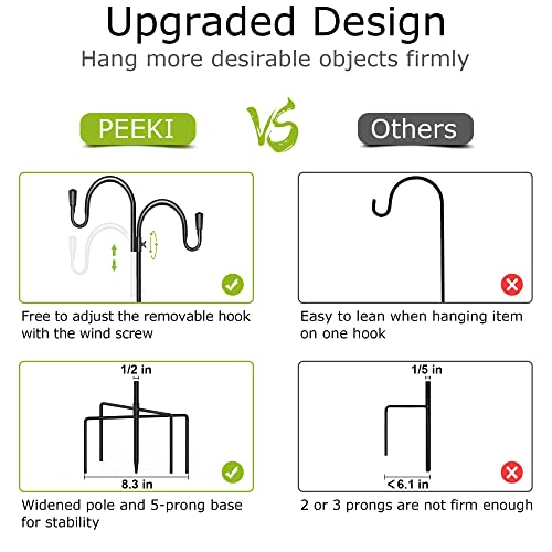 PEEKI Double Shepherds Hook, Adjustable Bird Feeder Pole for Outside with 5-Prong Base, Heavy Duty Garden Shepards Hooks for Outdoor Plant Hanger, Hummingbird Feeder Stand (47” Overall Height, 1-Pack)