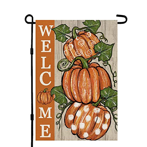 CROWNED BEAUTY Fall Thanksgiving Pumpkins Garden Flag 12x18 Inch Polka Dots Small Double Sided Burlap Welcome Yard Autumn Outside Decoration