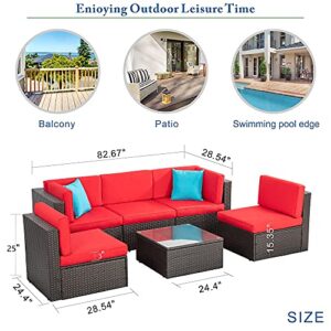 Vongrasig 6 Piece Small Patio Furniture Sets, Outdoor Sectional Sofa All Weather PE Wicker Patio Sofa Couch Garden Backyard Conversation Set with Glass Table,Red Cushions and Blue Pillows (Red)