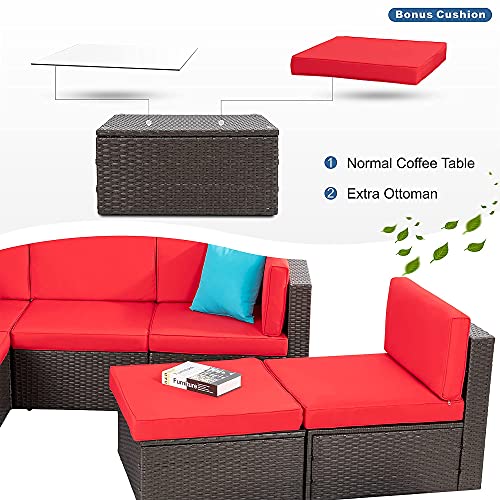 Vongrasig 6 Piece Small Patio Furniture Sets, Outdoor Sectional Sofa All Weather PE Wicker Patio Sofa Couch Garden Backyard Conversation Set with Glass Table,Red Cushions and Blue Pillows (Red)