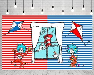 red and blue stripes backdrop party supplies, dr seuss birthday theme photo background, cat in the hat banner for birthday party caketable decoration, 5x3ft