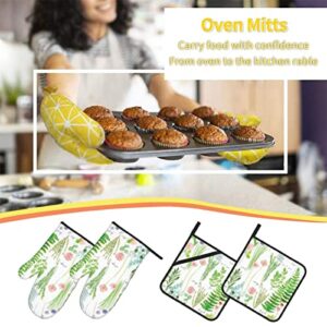 Springtime Herb Garden Heat-Resistant Oven Mitts and Pot Holders 4-Piece Set, Suitable for Kitchen Cooking, Outdoor Grilling