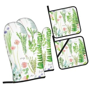 Springtime Herb Garden Heat-Resistant Oven Mitts and Pot Holders 4-Piece Set, Suitable for Kitchen Cooking, Outdoor Grilling