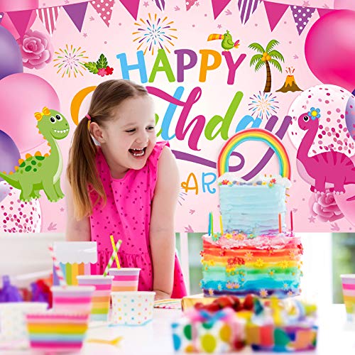 Sumind Dinosaur Happy Birthday Backdrop, Dinosaur Birthday Party Background Boy/Girl Birthday Gaming Banner for Birthday Decoration, Baby Showers and Photo Prop (Pink)