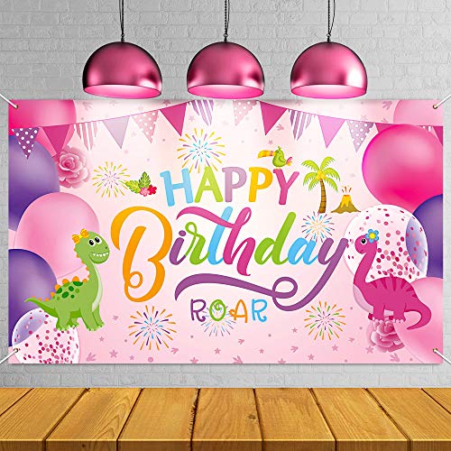 Sumind Dinosaur Happy Birthday Backdrop, Dinosaur Birthday Party Background Boy/Girl Birthday Gaming Banner for Birthday Decoration, Baby Showers and Photo Prop (Pink)