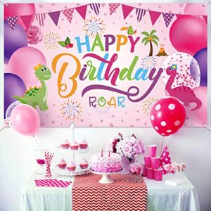 Sumind Dinosaur Happy Birthday Backdrop, Dinosaur Birthday Party Background Boy/Girl Birthday Gaming Banner for Birthday Decoration, Baby Showers and Photo Prop (Pink)