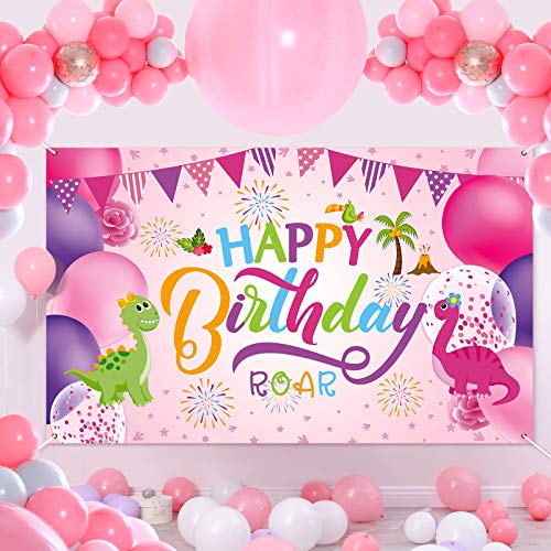 Sumind Dinosaur Happy Birthday Backdrop, Dinosaur Birthday Party Background Boy/Girl Birthday Gaming Banner for Birthday Decoration, Baby Showers and Photo Prop (Pink)