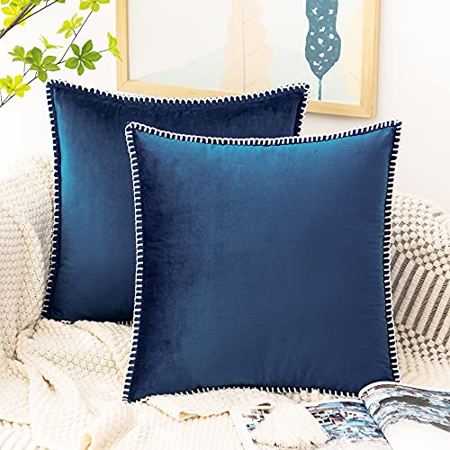 GAWAMAY Throw Pillow Covers 22x22 Cushion Cases, Soft Velvet Modern Novelty Edge Designs, Mix and Match for Home Decor, Pack of 2 Decorative Outdoor Pillow Cover for patio furniture Bedroom(Navy Blue)