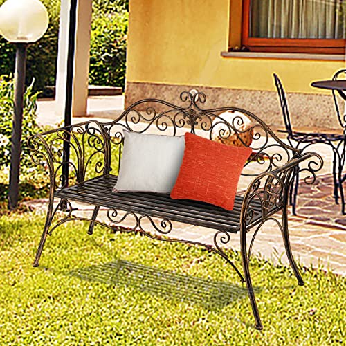 HLC Garden Bench Metal Outdoor Benchs for Front Porch Patio Park Yard 2 Seats Bench with Backrest and Armrests (Antique Bronze)