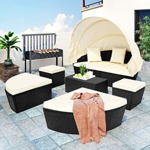 moeo outdoor rattan patio furniture round daybed sunbed with retractable canopy, all-weather wicker sectional sofa set w/washable cushions for garden, porch, backyard, beige