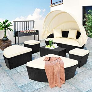 MOEO Outdoor Rattan Patio Furniture Round Daybed Sunbed with Retractable Canopy, All-Weather Wicker Sectional Sofa Set w/Washable Cushions for Garden, Porch, Backyard, Beige