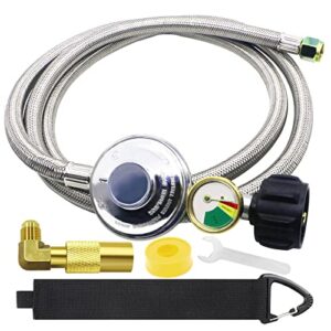 Upgrade 6 FT Braided Propane Regulator and Hose with Gauge, QCC1 Propane Adapter Hose Regulator for 20lb Tank with Elbow Adaptor, Replacement Part for Blackstone for Weber LP Gas Grill Heater Fire Pit