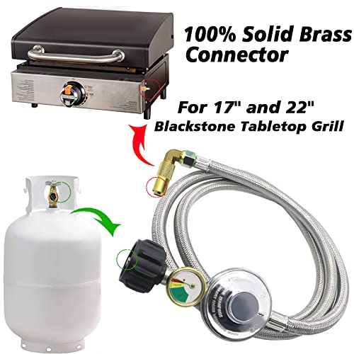 Upgrade 6 FT Braided Propane Regulator and Hose with Gauge, QCC1 Propane Adapter Hose Regulator for 20lb Tank with Elbow Adaptor, Replacement Part for Blackstone for Weber LP Gas Grill Heater Fire Pit