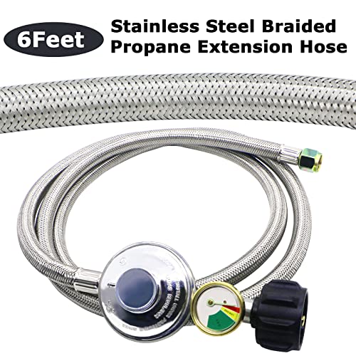 Upgrade 6 FT Braided Propane Regulator and Hose with Gauge, QCC1 Propane Adapter Hose Regulator for 20lb Tank with Elbow Adaptor, Replacement Part for Blackstone for Weber LP Gas Grill Heater Fire Pit