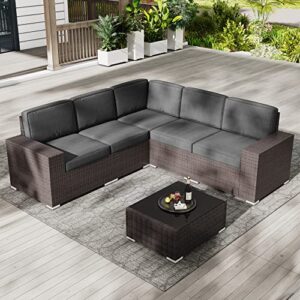 LayinSun Outdoor Patio Furniture Set 6 Pieces Sectional Conversation Sofa Set Brown Rattan Sofa Set with Coffee Table