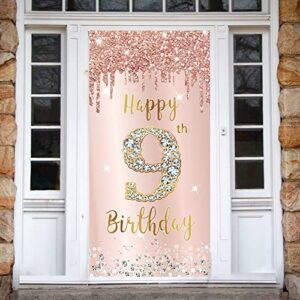 9th Birthday Door Banner Decorations for Girls, Pink Rose Gold Happy 9th Birthday Sign Door Cover Backdrop Party Decor, Large Nine Year Old Birthday Poster Background Photo Booth Props Party Supplies