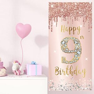 9th Birthday Door Banner Decorations for Girls, Pink Rose Gold Happy 9th Birthday Sign Door Cover Backdrop Party Decor, Large Nine Year Old Birthday Poster Background Photo Booth Props Party Supplies