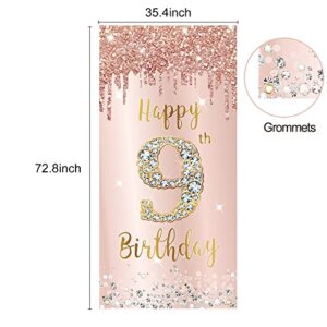 9th Birthday Door Banner Decorations for Girls, Pink Rose Gold Happy 9th Birthday Sign Door Cover Backdrop Party Decor, Large Nine Year Old Birthday Poster Background Photo Booth Props Party Supplies