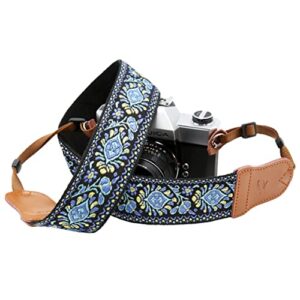 Blue Vintage Embroidered Camera Strap - Double Layer Cowhide Ends,2" Pure Cotton Woven Camera Strap, Adjustable Universal Neck & Shoulder Strap for All DSLR / SLR Cameras,Great Gift for Photographers