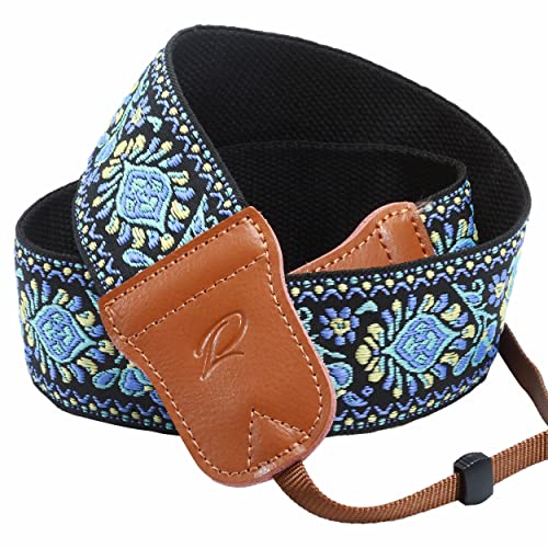 Blue Vintage Embroidered Camera Strap - Double Layer Cowhide Ends,2" Pure Cotton Woven Camera Strap, Adjustable Universal Neck & Shoulder Strap for All DSLR / SLR Cameras,Great Gift for Photographers