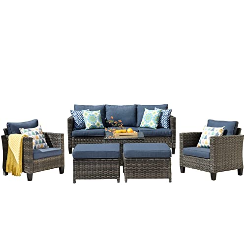 ovios Patio Furniture Sets 6 PCS High Back Outdoor Wicker Rattan Sofa Sectional Set with Coffee Table Garden Backyard Porch (Denim Blue-Grey)