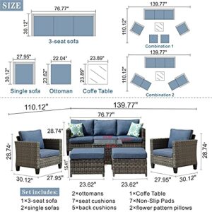 ovios Patio Furniture Sets 6 PCS High Back Outdoor Wicker Rattan Sofa Sectional Set with Coffee Table Garden Backyard Porch (Denim Blue-Grey)