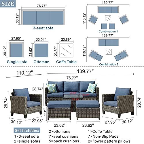 ovios Patio Furniture Sets 6 PCS High Back Outdoor Wicker Rattan Sofa Sectional Set with Coffee Table Garden Backyard Porch (Denim Blue-Grey)