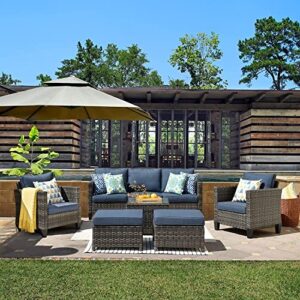 ovios Patio Furniture Sets 6 PCS High Back Outdoor Wicker Rattan Sofa Sectional Set with Coffee Table Garden Backyard Porch (Denim Blue-Grey)