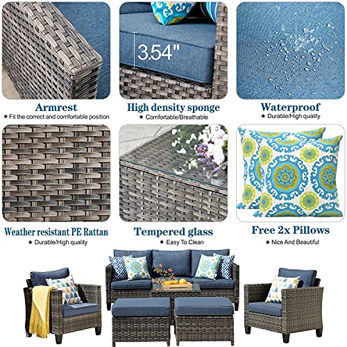 ovios Patio Furniture Sets 6 PCS High Back Outdoor Wicker Rattan Sofa Sectional Set with Coffee Table Garden Backyard Porch (Denim Blue-Grey)