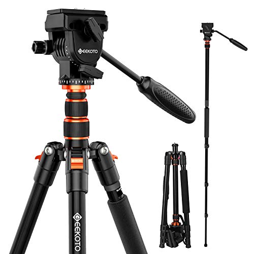 GEEKOTO Video Tripod Fluid Head,Professional Camera Tripod for DSLR,Monopod Aluminum 77" for Video Camcorder Canon Nikon Sony with 1/4" Screws Fluid Drag Pan Head,Load Capacity up to 20 Pounds