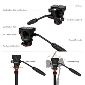 GEEKOTO Video Tripod Fluid Head,Professional Camera Tripod for DSLR,Monopod Aluminum 77" for Video Camcorder Canon Nikon Sony with 1/4" Screws Fluid Drag Pan Head,Load Capacity up to 20 Pounds