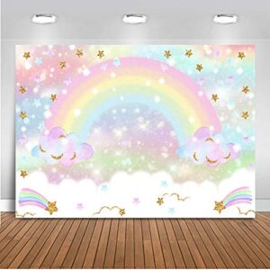 Mocsicka Rainbow Backdrop 7x5ft Pastel Rainbow Birthday Cloud Glitter Stars for Kids' Party Decorations Cake Table Banner Rainbow Baby Shower Photography Background