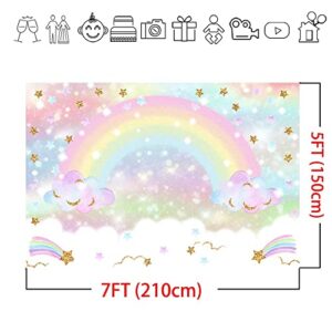 Mocsicka Rainbow Backdrop 7x5ft Pastel Rainbow Birthday Cloud Glitter Stars for Kids' Party Decorations Cake Table Banner Rainbow Baby Shower Photography Background