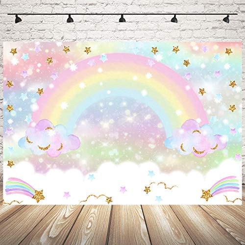 Mocsicka Rainbow Backdrop 7x5ft Pastel Rainbow Birthday Cloud Glitter Stars for Kids' Party Decorations Cake Table Banner Rainbow Baby Shower Photography Background
