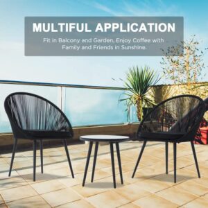 ELPOSUN 3 Piece Patio Set Outside All Weather Woven Rope Bistro Furniture Set with 2 Chairs and 1 Glass Top Coffee Table for Garden, Balcony, Backyard, Porch, Lawn, Poolside (Black)