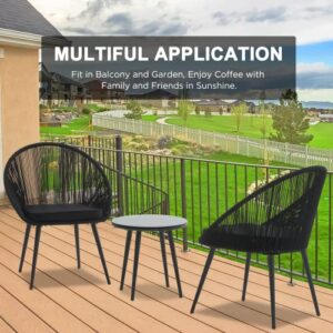 ELPOSUN 3 Piece Patio Set Outside All Weather Woven Rope Bistro Furniture Set with 2 Chairs and 1 Glass Top Coffee Table for Garden, Balcony, Backyard, Porch, Lawn, Poolside (Black)