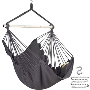 y- stop hammock chair hanging rope swing, max 500 lbs, hanging chair with pocket, removable steel spreader bar with anti-slip rings, quality cotton weave for comfort, durability, dark grey