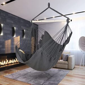 Y- STOP Hammock Chair Hanging Rope Swing, Max 500 Lbs, Hanging Chair with Pocket, Removable Steel Spreader Bar with Anti-Slip Rings, Quality Cotton Weave for Comfort, Durability, Dark Grey