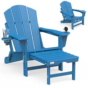 mdeam folding adirondack chair fire pit chairs adirondack chairs weather resistant with 2 cup holder/adirondack retractable ottoman for patio garden backyard lawn outdoor(blue)