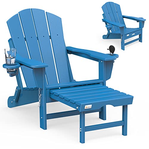 Mdeam Folding Adirondack Chair Fire Pit Chairs Adirondack Chairs Weather Resistant with 2 Cup Holder/Adirondack Retractable Ottoman for Patio Garden Backyard Lawn Outdoor(Blue)