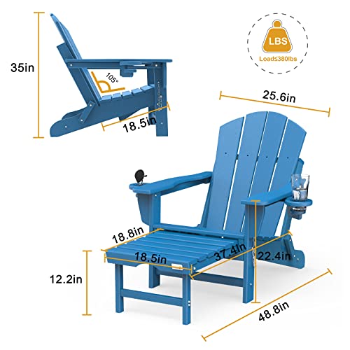 Mdeam Folding Adirondack Chair Fire Pit Chairs Adirondack Chairs Weather Resistant with 2 Cup Holder/Adirondack Retractable Ottoman for Patio Garden Backyard Lawn Outdoor(Blue)