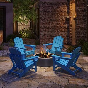 Mdeam Folding Adirondack Chair Fire Pit Chairs Adirondack Chairs Weather Resistant with 2 Cup Holder/Adirondack Retractable Ottoman for Patio Garden Backyard Lawn Outdoor(Blue)