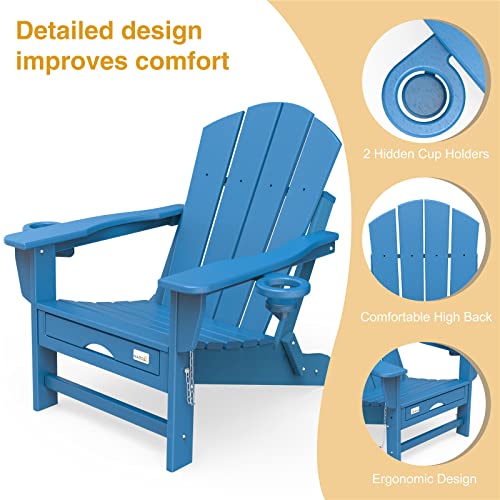 Mdeam Folding Adirondack Chair Fire Pit Chairs Adirondack Chairs Weather Resistant with 2 Cup Holder/Adirondack Retractable Ottoman for Patio Garden Backyard Lawn Outdoor(Blue)