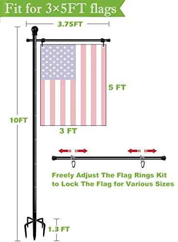 Koutemie 10FT Garden Flag Pole Stand with 5 Prong Base for 3x5 American flags, Adjustable Heavy Duty Outdoor Flagpole Holder Kit for Yard Decoration, 1 Pack